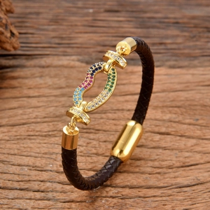 Retro Hand Woven Braided Leather Bracelet For Men Women Gold Plated Copper Heart Zirconia Charm Bracelet Magnetic Clasp Fashion Jewelry