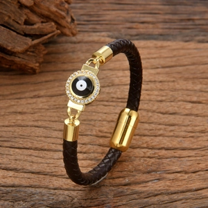 Bracciale in pelle intrecciata marrone con ciondolo malocchio dorato e chiusura