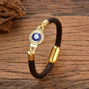 Bracciale in pelle intrecciata marrone con ciondolo occhio greco e zirconi dorati