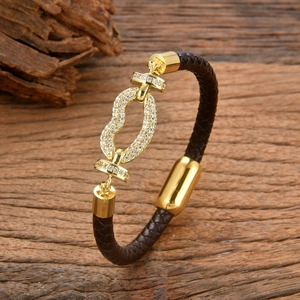 Retro woven leather bracelet with golden interlocking rings and inlaid white zircon