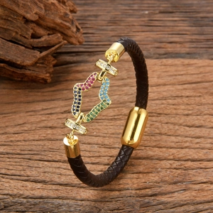 Vintage Braided Leather Cord Bracelet For Women Men Gold Plated Copper Zirconia Inlay Stainless Steel Clasp Jewelry