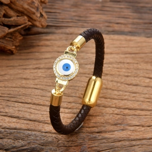 Braccialetto in Pelle Intrecciata Evil Eye Con Chiusura Magnetica in Acciaio Inossidabile Zirconia Intarsiata Gioielli Unisex