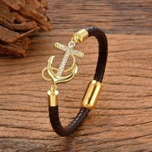Men's dark brown braided leather anchor bracelet with gold tone rhinestone nautical charm