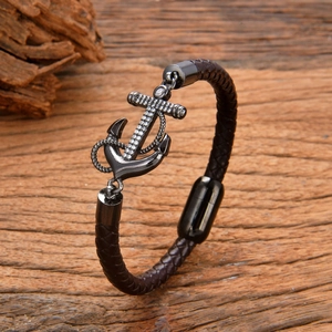 Men Nautical Anchor Woven Leather Bracelet Zirconia Inlaid Copper Accessory Stainless Steel Clasp Trendy Sailor Jewelry