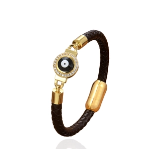 Bracciale in pelle nera intrecciata con motivo Evil Eye, chiusura magnetica oro e zirconi