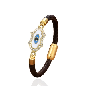 Bracelet en cuir tressé avec main de Fatima, œil maléfique et fermoir doré