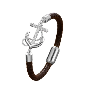 Men's brown braided leather bracelet with silver anchor pendant and magnetic clasp