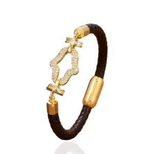 Brown braided leather bracelet for men and women with gold micro-pave geometric buckle