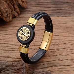 Bracelet cuir pour homme avec charme arbre de vie en métal et fermoir doré