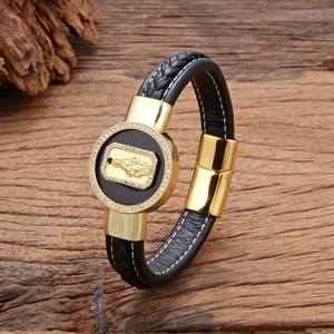 Handgewebtes religiöses Lederarmband mit goldener Marienmedaille und Magnetverschluss