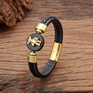 Men's hand-woven black leather bracelet with a golden bear charm and magnetic clasp