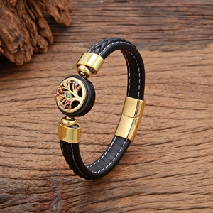 Bracelet en cuir noir tressé avec pendentif Arbre de Vie doré et fermoir magnétique