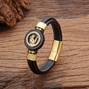 Bracelet en cuir tressé noir pour homme avec breloque léopard dorée et fermoir magnétique