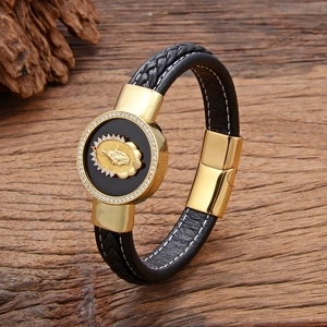 Geflochtenes schwarzes Lederarmband mit Goldener Jungfrau Maria und Magnetverschluss