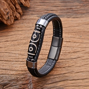 Bracelet vintage pour hommes en cuir avec perle ethnique et fermoir magnétique noir