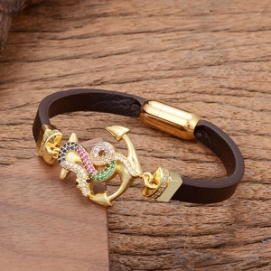 Herren Lederarmband Edelstahl Magnetverschluss Nautical Anker Steuerrad Zirkonia Anhänger Schmuck Täglich Lässig