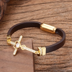 Bracelet Vintage en Cuir Tressé Croix Avec Fermoir Magnétique en Acier Inoxydable Pendentif Cœur Zircone Bijoux Homme