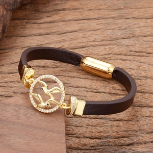 Vintage Men Leather Bracelet Stainless Steel Magnetic Clasp Copper Animal Lion Dragon Pendant Zirconia Inlaid Fashion Bangle Jewelry