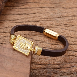 Brown leather Hamsa hand bracelet with gold magnetic clasp and sparkling micro zircons