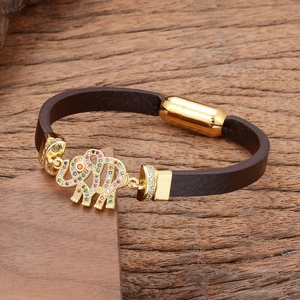 Men's brown leather bracelet with golden crystal elephant charm and magnetic clasp