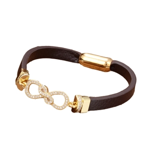 Brown braided leather infinity bracelet with gold magnetic clasp and white rhinestones