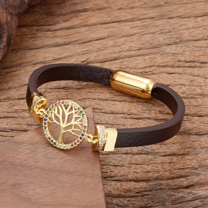 Deep brown leather bracelet with tree of life charm and colorful cubic zirconia stones