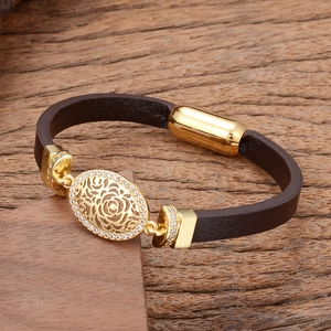 Bracelet Vintage en Cuir Style Bohémien Pour Femmes Hommes Cuivre Plaqué Or Zircon Rose Pendentif Géométrique Fermoir Magnétique Bijoux