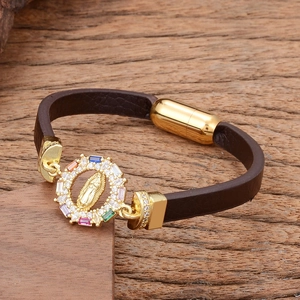 Vintage Religious Virgin Mary Leather Bracelet For Women Gold Plated Stainless Steel Magnetic Clasp Zirconia Inlaid Jewelry