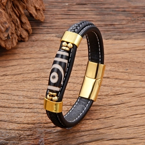 Bracelet vintage pour hommes en cuir avec perle ethnique et fermoir magnétique doré