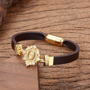 Religious vintage leather bracelet with gold virgin mary pendant and stainless steel clasp