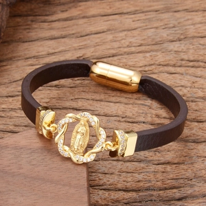 Religious Lady of Guadalupe brown leather bracelet with gold charms and magnetic clasp
