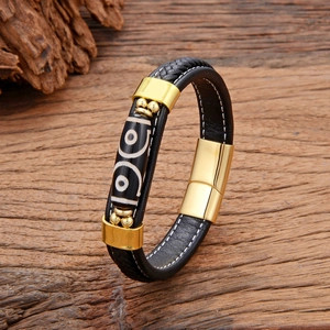 Bracelet rétro en cuir avec perle agate tribale et fermoir magnétique doré