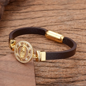 Religious dark brown leather bracelet with golden Virgin Mary pendant and magnetic clasp