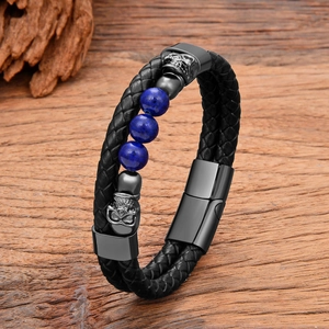 Punk leather bracelet with skull charms, blue stone beads and magnetic metal clasp