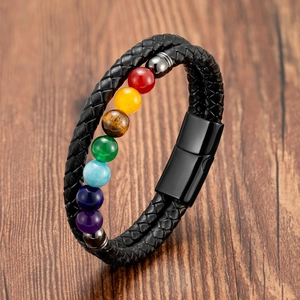 Bracelet en Cuir Tressé avec Pierres de Chakra et Fermoir Magnétique en Acier Inoxydable Bijoux Équilibre Énergétique Unisexe