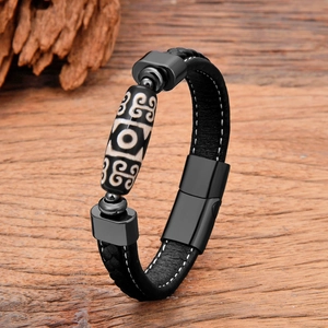 Bracelet en Cuir Tressé Vintage Pour Hommes Avec Fermoir Magnétique en Acier Inoxydable Et Perle de Pierre Dzi Ethnique