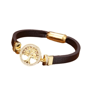 Brown leather bracelet with golden tree of life charm and colorful gemstones