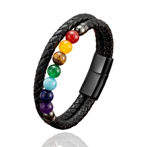 Bracelet de perles chakra avec lanière en cuir tressé noir et fermoir magnétique