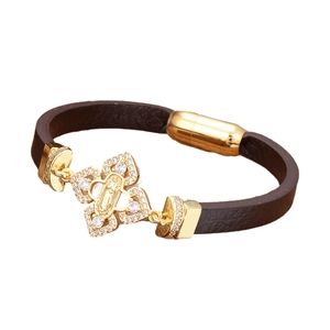 Religious leather bracelet with gold Virgin Mary cross charm and magnetic steel clasp