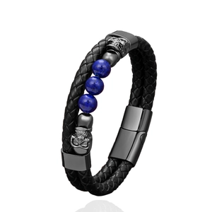 Punk leather bracelet with braided cord, blue stone beads, and metal skulls for men