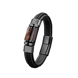 Men's hand-woven black leather bracelet with agate stone beads and gunmetal magnetic clasp