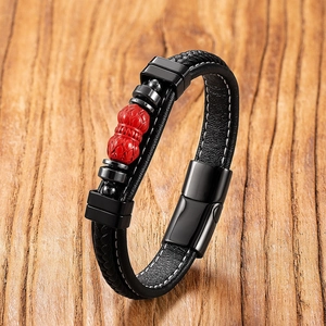 Men Vintage Braided Leather Bracelet With Cinnabar Lotus Luck Bead Retro Ethnic Style Magnetic Clasp Luck Jewelry Gift