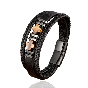 Bracciale multistrato in pelle da uomo con croci in pietra occhio di tigre e chiusura magnetica