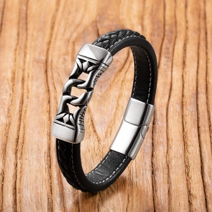 Bracciale da Uomo in Pelle Intrecciata Acciaio Inossidabile Chiusura Magnetica Punk Geometrico Simbolo Infinito Gioielli