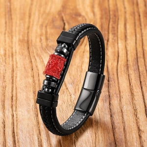 Handmade woven leather cinnabar lotus bracelet with black metal magnetic clasp for men
