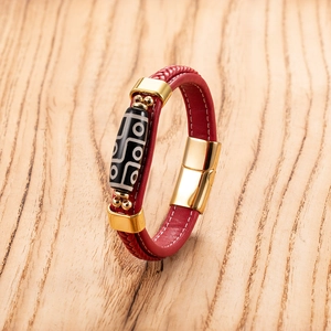 Ethnic red leather braided bracelet with Tibetan Dzi bead and golden magnetic clasp