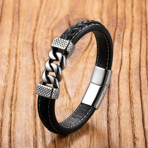 Bracciale da uomo in pelle intrecciata punk con maglie groumette e chiusura magnetica