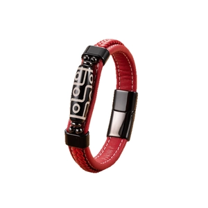 Ethnic leather bracelet with red and black cord, nine-eyed bead and magnetic clasp