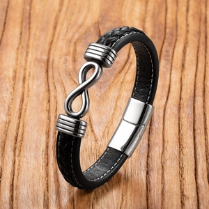Bracciale punk da uomo in pelle con simbolo dell'infinito in acciaio e chiusura magnetica