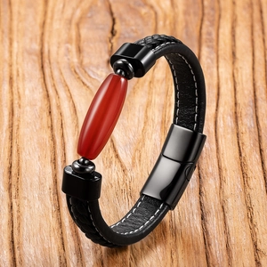 Vintage Men Leather Bracelet Natural Agate Bead Braided Cord Stainless Steel Magnetic Clasp Fashion Wristband Jewelry For Women Gift